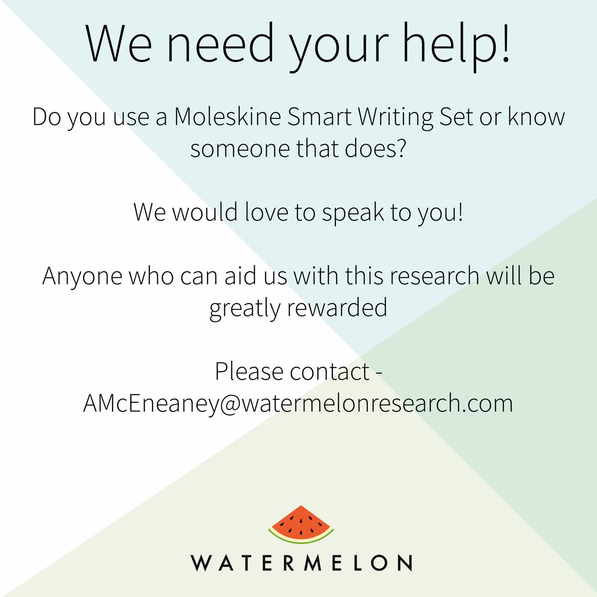 WatermelonLTD's tweet image. Please contact AMcEneaney@watermelonresearch.com if you can help! #smartwritingset #moleskine 🌟🍉