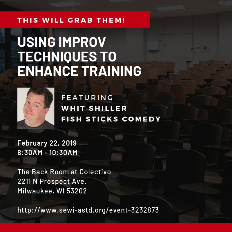 sewi_atd's tweet photo. Spots are filling fast!   Join us as Whit Shiller shares improv-based training strategies and techniques to help you do what you do that much more effectively.  You won't want to miss it!
https://t.co/pbjLpzUe1T https://t.co/z3n7KLjpWm