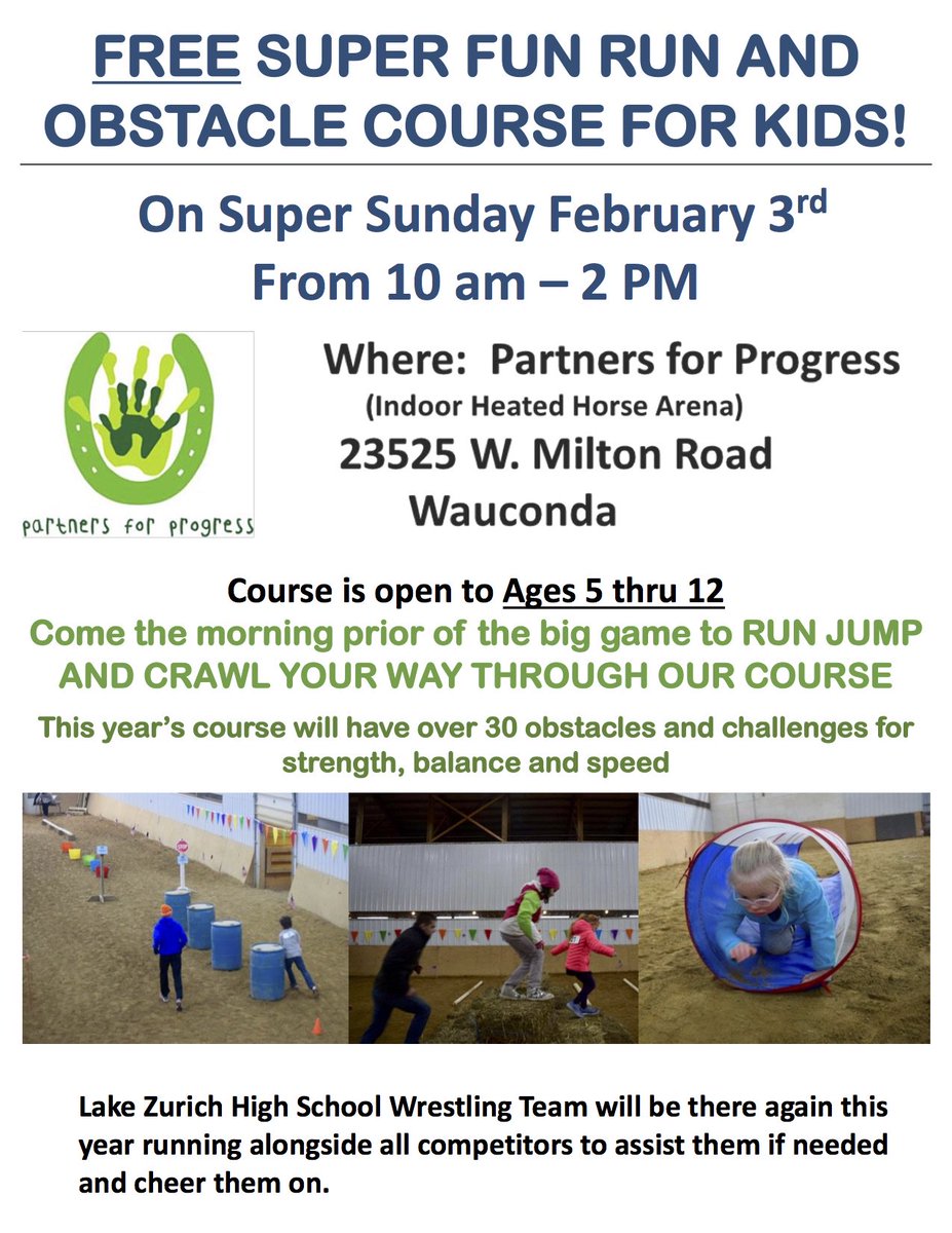LZHS_Wrestling's tweet photo. Come join us this Sunday 10am-2pm at Partners for Progress in Wauconda. We will be hosting an obstacle course for students with disabilities aged 5-12. Make sure to check out their website as well for therapeutic riding opportunities. https://t.co/XuVahoLaAZ https://t.co/agfon7qJ8v