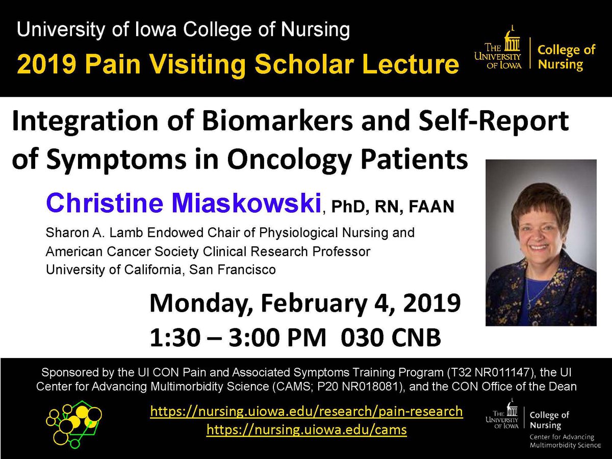 UIowaCAMS's tweet photo. Join us on Monday, February 4 for an outstanding lecture by Christine Miaskowski, PhD, RN, FAAN https://t.co/puuZpHLL00