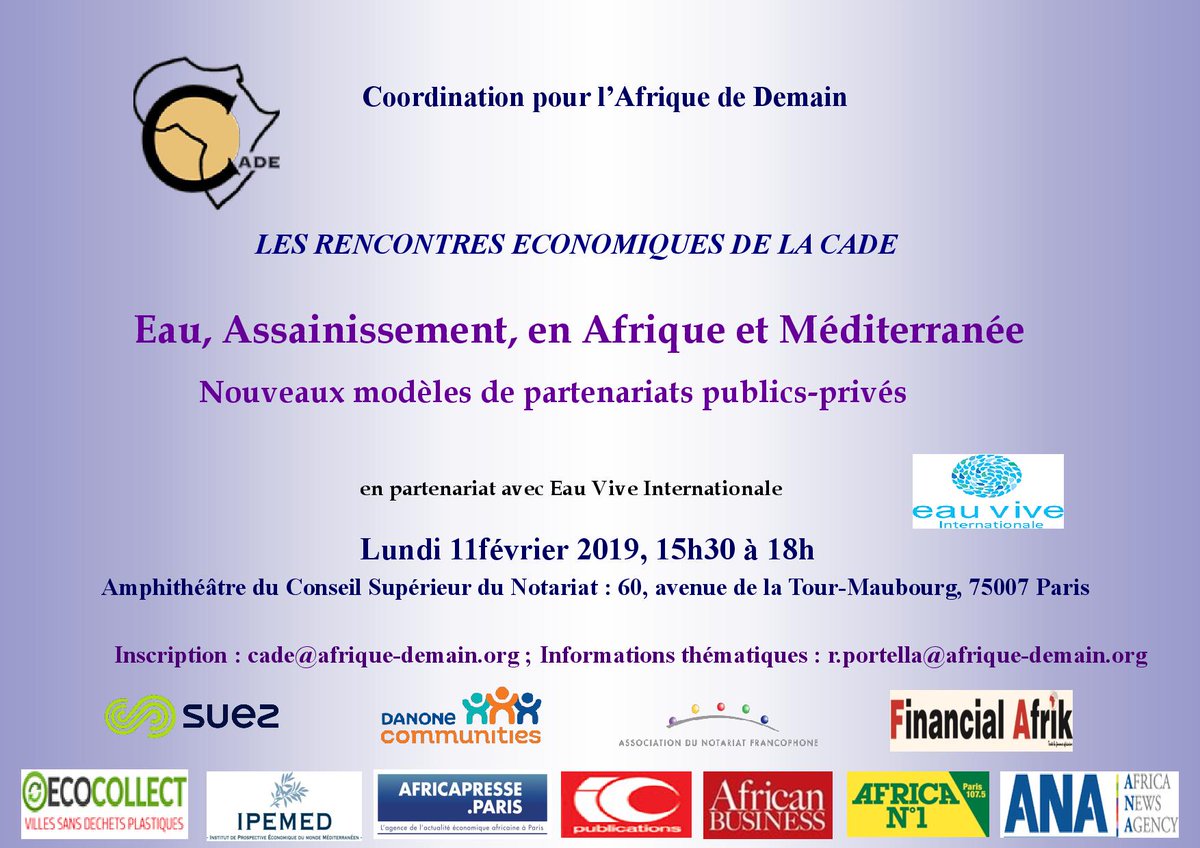 CADE_AFRIQUE's tweet photo. @CecileDuflot L'accès à l'eau potable et à l'assainissement pour tous en Afrique et    Méditerranée, doit être la base du développement, venez écouter les solutions innovantes d'investissement qui seront présentées à la rencontre économique de  la CADE @CADE_AFRIQUE , le 11 fév https://t.co/8dPqOs4438