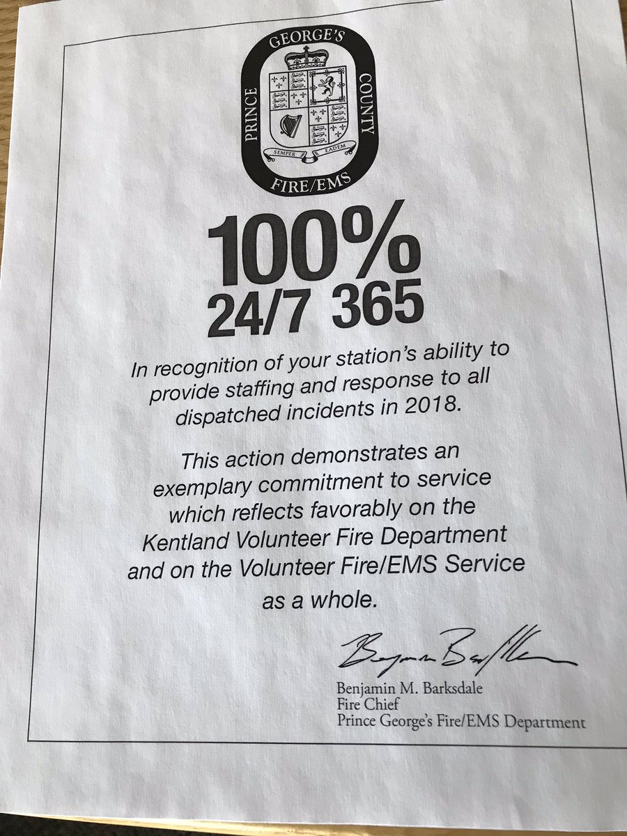 PIOMarkBrady's tweet photo. PGFD Fire Chief @BenBmbarksdale presented 3 new awards today. The 24/7 365 Awards were presented to all-volunteer @Kentland33 @BladensburgVFD  &amp; @morningsidevfd in recognition of their ability to provide staffing &amp; response to all dispatched incidents in 2018.  New annual award https://t.co/DmnzpvMYPb