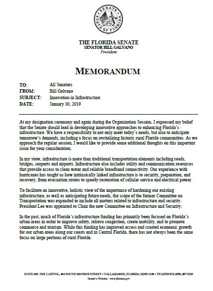 BillGalvano's tweet photo. My memo to Senators regarding innovative approaches to enhancing Florida’s infrastructure. We are seeing our population increase by the size of the city of Orlando every year. Florida needs to be ready, and our rural communities are a key to our success. https://t.co/W9pjfChjW5