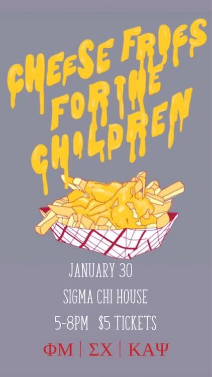 Hope to see you tonight at Cheese Fries for the Children! Tickets are $5 and you can buy them at the door!