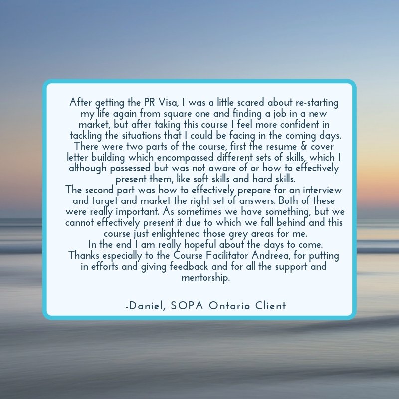 SOPA_ON's tweet photo. A wonderful testimonial from a client who took SOPA's Job Search Strategies Course! #arriveprepared #sopa #jobsearch https://t.co/VTV6BmaljA