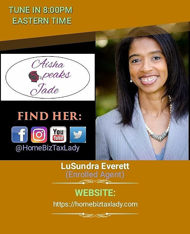 LotusProjects's tweet image. 1/31/19
Amazon Best Selling Author &amp;amp; Tax Professional LuSundra Gass Everett EA on the Aisha Speaks Jade Podcast. LuSundra will be giving us the latest on the impact of the new tax code! Got question? Leave in the comments!  
                         
zoom.us/j/837700997