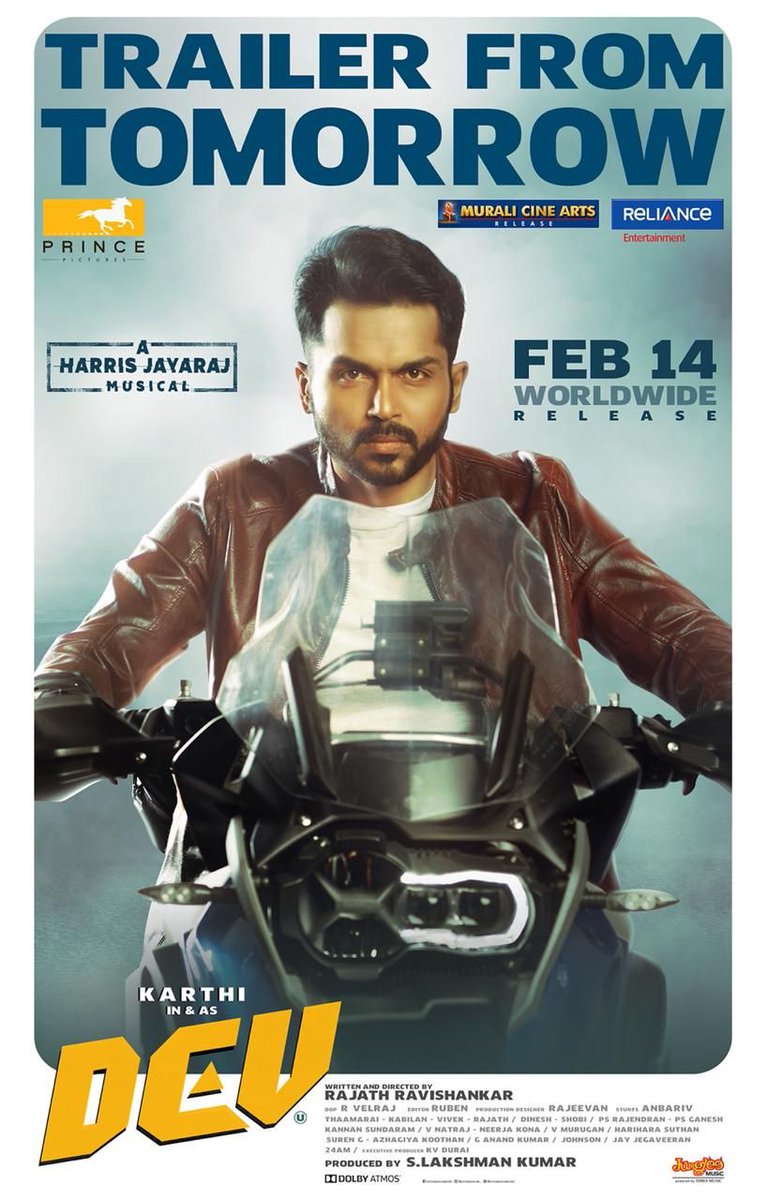 TrendRakul's tweet photo. Make way for super stylish #dev | Racy trailer releasing tomorrow.
#DevTrailerFromTomorrow
#DevFromFeb14th
@Karthi_Offl @Rakulpreet @Jharrisjayaraj @RajathDir @PrincePictures_ @RelianceEnt @lakku76 @TimesMusicSouth @LightHouseMMLLP #MuraliCineArts
#Karthi #RakulPreetSingh https://t.co/8eB8G0JJvs