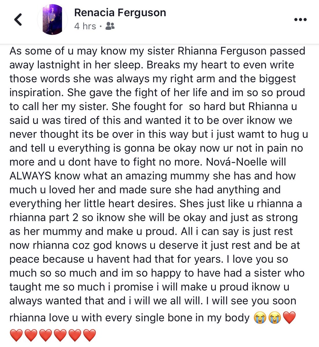 RFCancerFight's tweet image. The beautiful words from Rhianna’s sister. Our thoughts are with Rhianna’s little girl Nova, family and friends. R.I.P Rhianna! #Rhianna #RIP #Inspiration #Fight #RestPeacefully