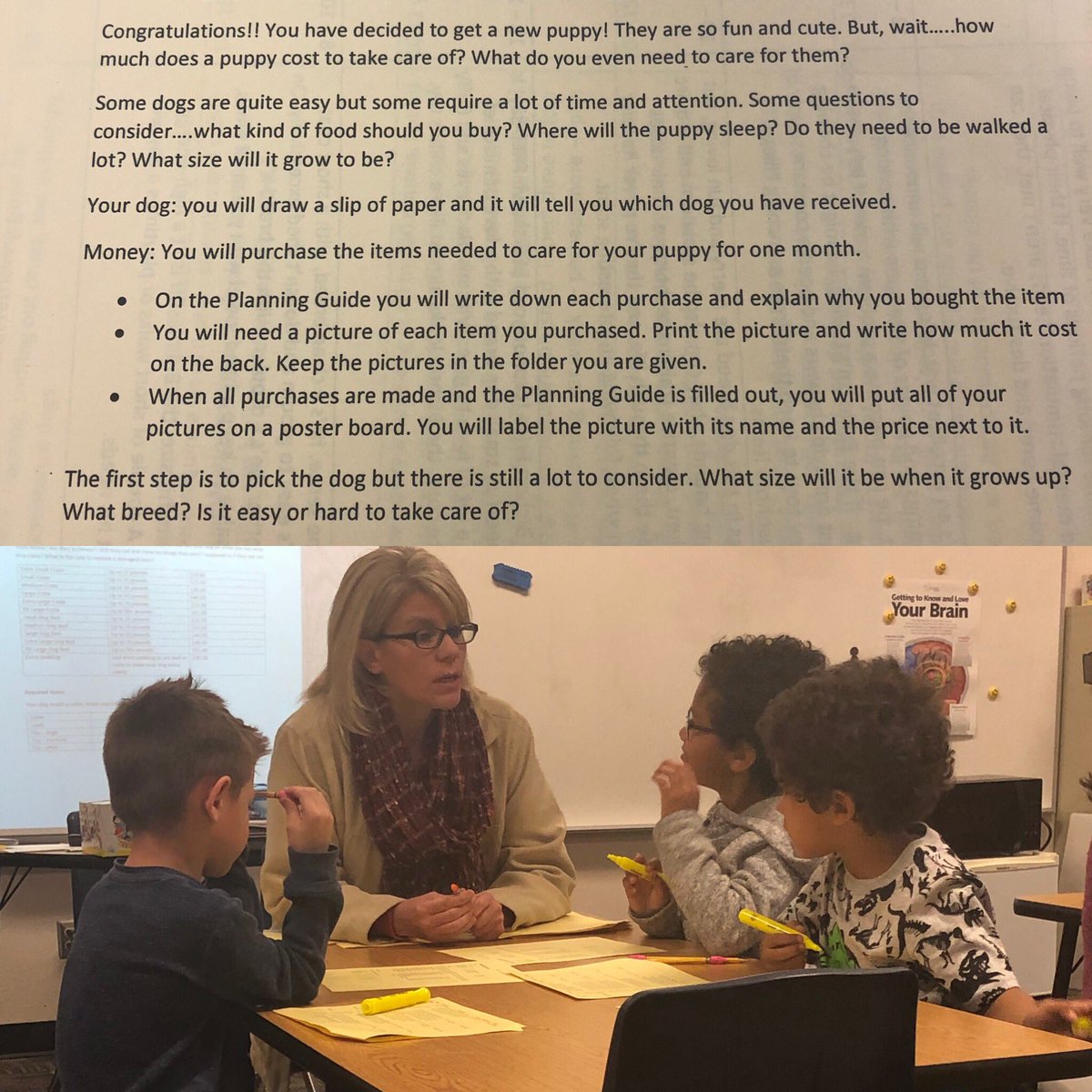 SunriseLions's tweet photo. Mrs. Arnold makes math fun by embedding the real life situation of purchasing a puppy. 1st graders are having so much fun planning for their puppy that they don’t even know they are doing math! https://t.co/KgZosT79aW