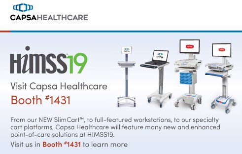 CapsaHealthcare's tweet photo. Find solutions to your biggest challenges @HIMSS. Visit with us at HIMSS19 in Booth #1431 to see how our solutions can help you optimize clinical workflow and enhance patient care.  #mobilecomputingworkstations #healthcareITsolutions #elevatingperformance #capsahealthcare https://t.co/n5JijXDPLZ