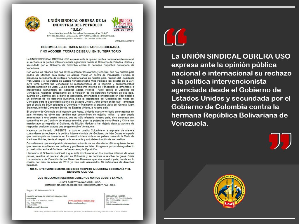 La #USO expresa ante la opinión pública nacional e internacional su rechazo a la política intervencionista agenciada desde el Gobierno de Estados Unidos y secundada por el Gobierno de Colombia contra la hermana República Bolivariana de Venezuela.
bit.ly/2SaZ4fq