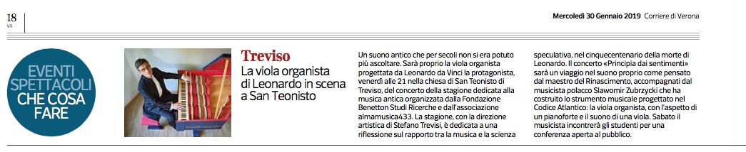 AlmaMusica433's tweet photo. Il @corriereveneto racconta il #concerto della Viola organista di Leonardo Da Vinci protagonista venerdì 01 febbraio nella Chiesa di San Teonisto di Musica Antica in Casa Cozzi @Fond_Benetton . biglietti presso @Fond_Benetton o su  https://t.co/oXKMbBtgBr https://t.co/iMzUNTLG7A