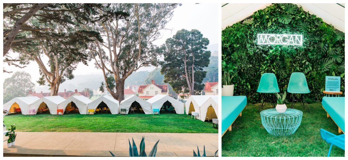 23layers's tweet photo. Overlooking the Golden Gate Bridge, 8 custom-built tents equipped with live greenery walls, furniture in coordinating colors, &amp; neon signs representing infamous financial institutions - such as Rothschild +Morgan, brought these breakout sessions to life during this 3-Day Summit! https://t.co/LRH19rMAdV