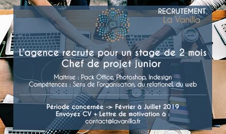LaVanilla_com's tweet photo. Nous recrutons un stagiaire sur une période de 2mois. Pour découvrir le domaine de l'évènementiel et du web, envoyez-nous vos candidatures à contact@lavanilla.fr ! Pour plus d'infos : https://t.co/HyCIhNllSH
#Recrutement #Stage #Event https://t.co/vjw0zn8tPE