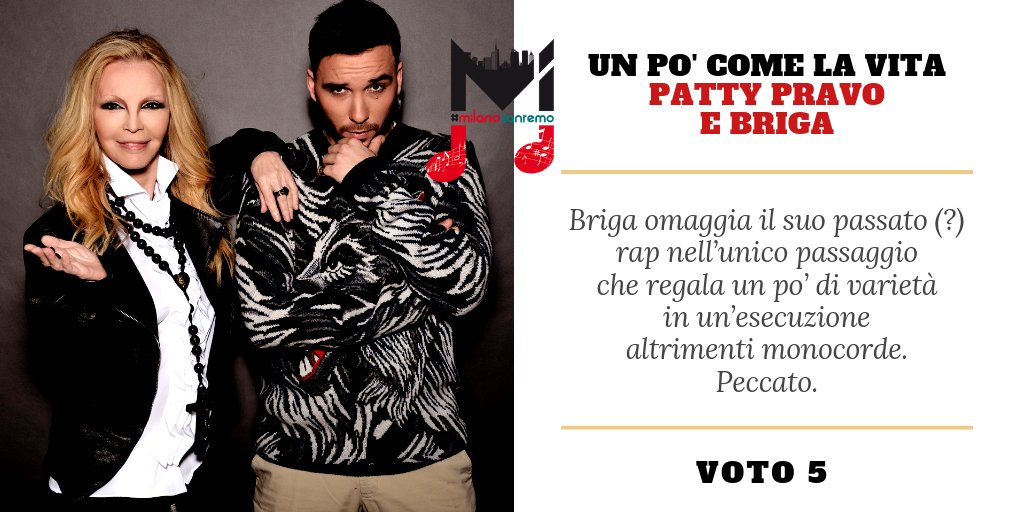 MiTomorrow's tweet photo. Continua il countdown per #sanremo2019 #meno6

Ecco come @c_pradelli ha valutato il brano di @pattypravo e @MattiaBriga #UnPoComeLaVita ascoltato in anteprima per noi

Da lunedì 4 febbraio non perdere lo speciale #MilanoSanremo sulle pagine del quotidiano di #Milano #MiTomorrow https://t.co/KvfIYKW4V8