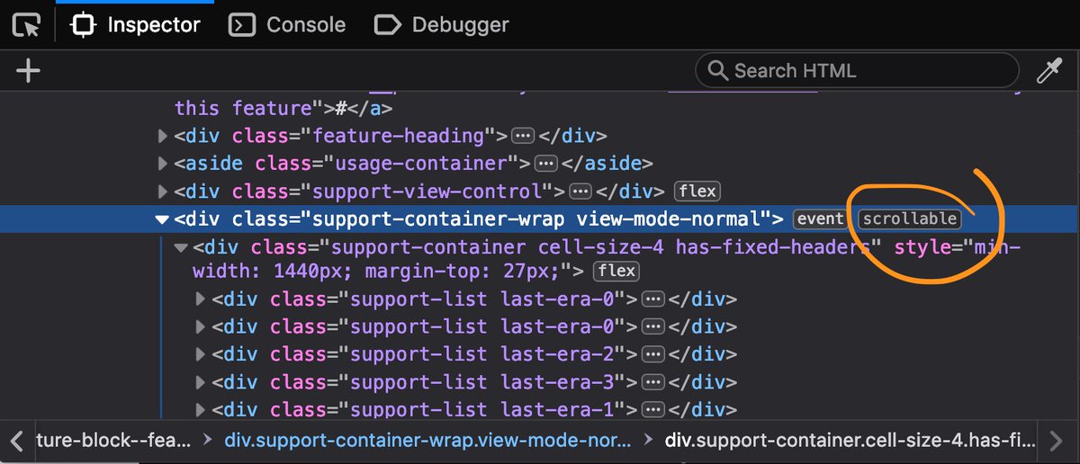 Screenshot of the firefox devtools inspector showing the new "scrollable" badge next to nodes that are scrollable