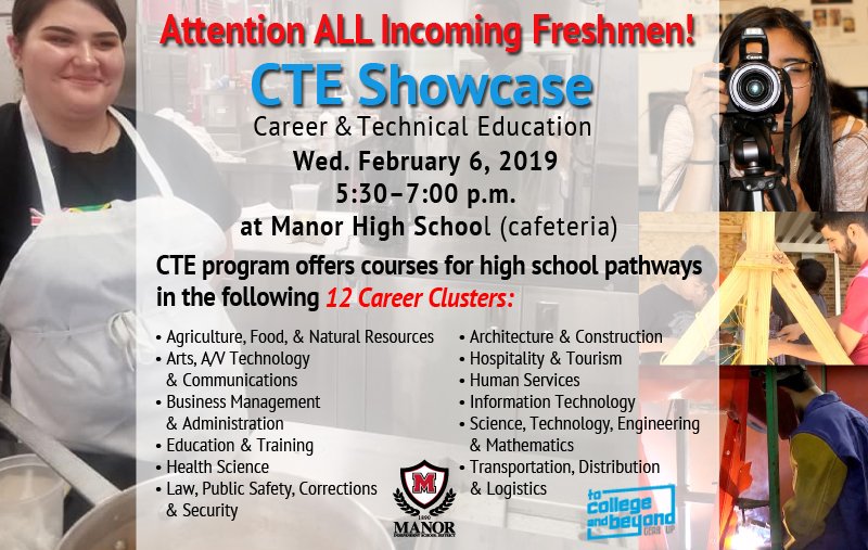 Manor CTE (@ctemanor) on Twitter photo *Attention ALL 8th Graders and Parents* <a href="/deckermiddle/">Decker Middle School</a> <a href="/ManorMiddle/">Manor Middle School</a> <a href="/newtechmiddle/">New Tech Middle</a>
Come and explore your future options with <a href="/ManorISD/">Manor ISD</a> Career and Technical Education (CTE) programs. #1WeekAway #LearningthatWorks #DestinationManor #IndustrybasedLearning #ManorCTE *Attention ALL 8th Graders and Parents* <a href="/deckermiddle/">Decker Middle School</a> <a href="/ManorMiddle/">Manor Middle School</a> <a href="/newtechmiddle/">New Tech Middle</a>
Come and explore your future options with <a href="/ManorISD/">Manor ISD</a> Career and Technical Education (CTE) programs. #1WeekAway #LearningthatWorks #DestinationManor #IndustrybasedLearning #ManorCTE