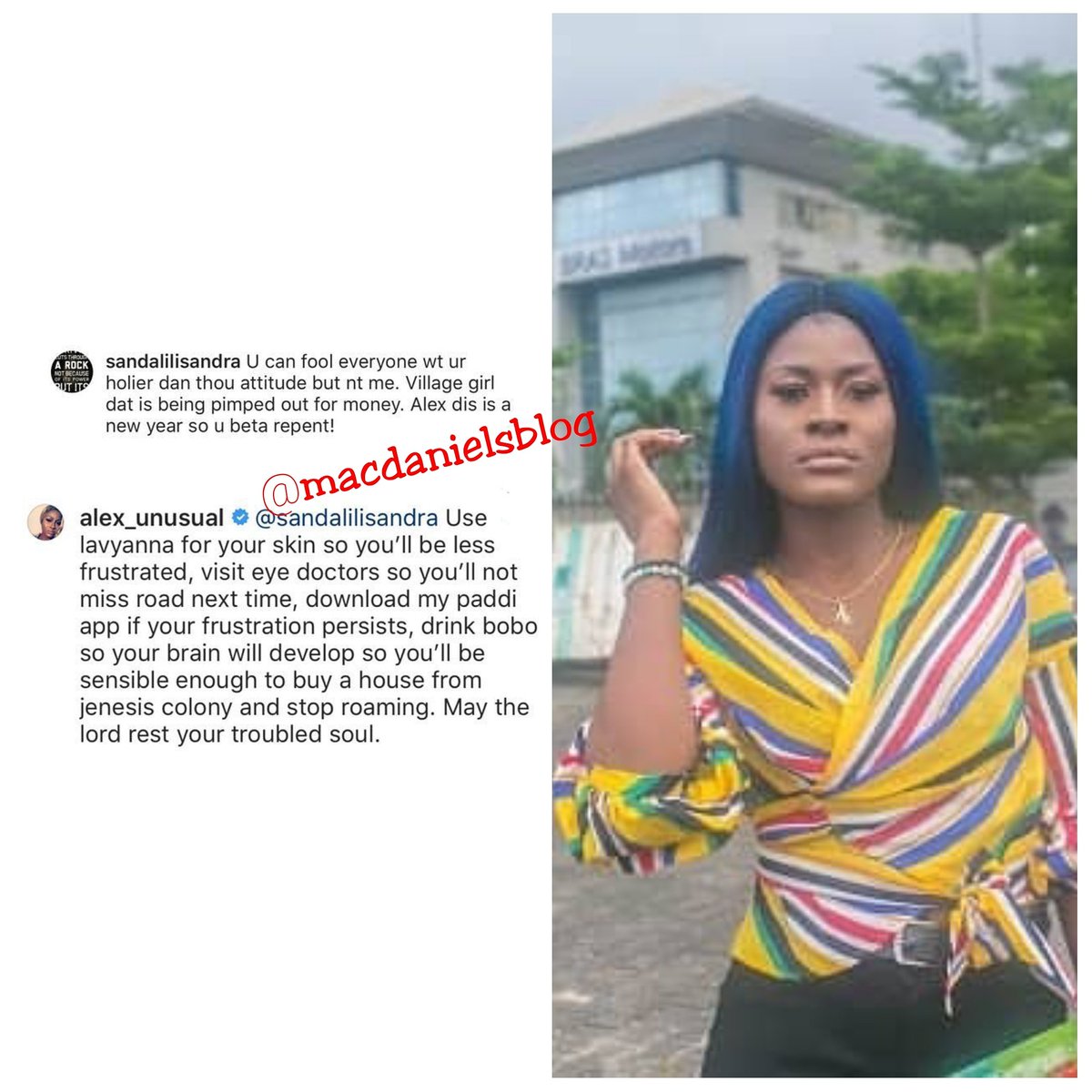 MacDanielsBlog's tweet photo. #Killthemwithsuccess 🤣 Bbnaija Alex uses endorsement deals to reply troll who called her a village girl.
#macdanielsblog #instagram #clapback #Alexunsual #bbnaija #hilarious #savagereplies #lmfao #cardib #NickiMinaj #beyonce #bardigang #rihanna #chrisbrown #drake #jayz #memes https://t.co/jTpRcMEmf1