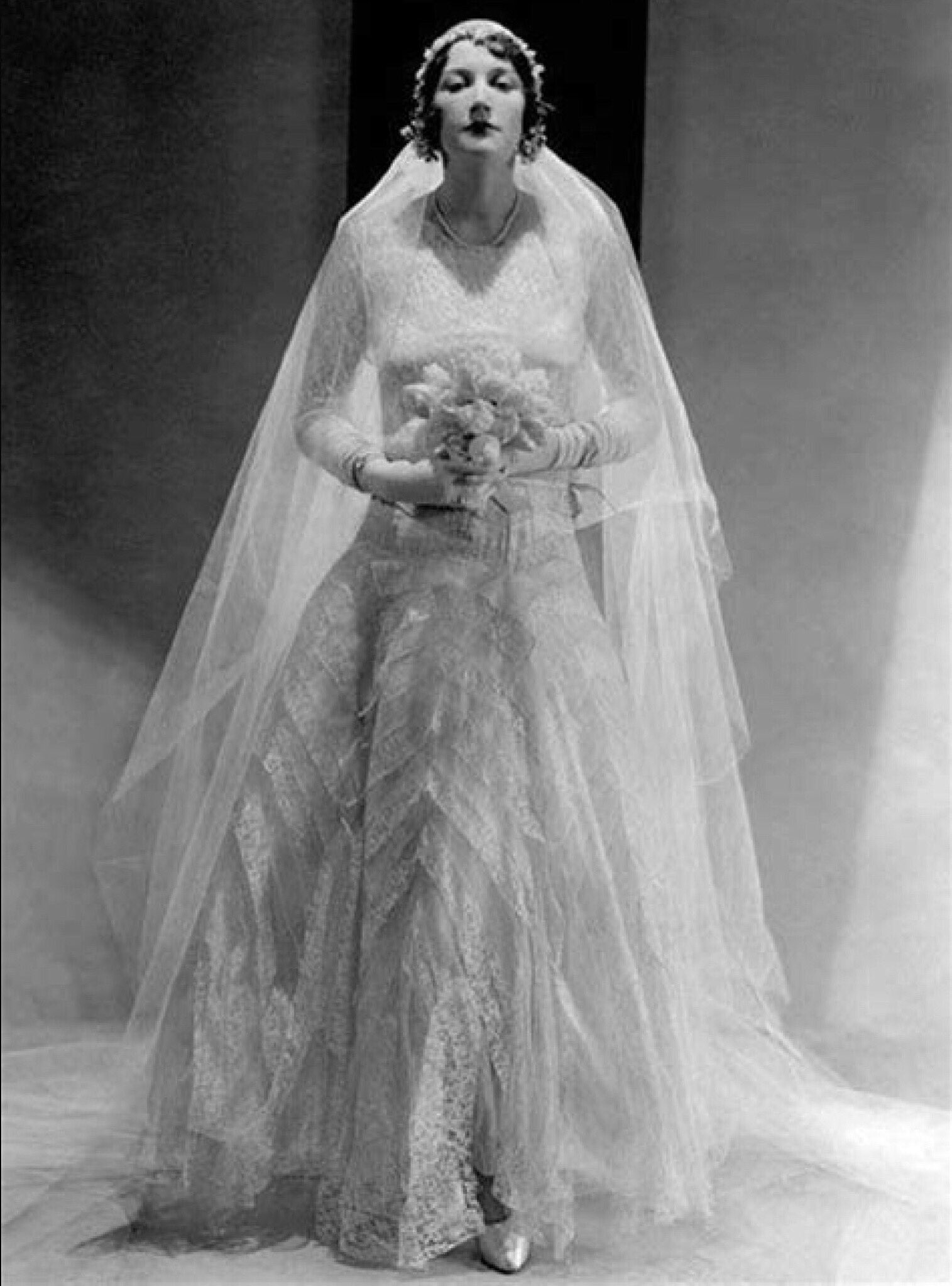 Ephemeral Elegance on X: Betty Garst models a stiffened lace and tulle wedding  gown by Coco Chanel, photographed by George Hoyningen-Huene for Vogue,  1930. #WeddingWednesday  / X