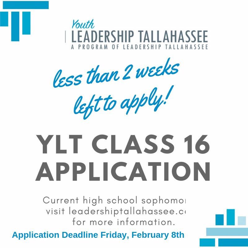 YouthLeadTLH's tweet photo. #YLT16 applications are due in less than 2 weeks. 2/8 deadline. Go HERE: https://t.co/V62uSTkpos donβt miss this opportunity! #ihearttally #youngleaderstlh #youthleadtlh https://t.co/lFEEk9Z13l