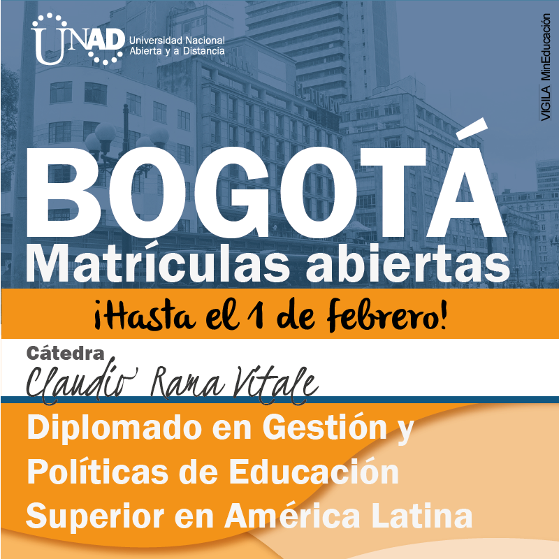 UniversidadUNAD's tweet photo. ¡Atención Bogotá!‼️
Las matrículas del primer cohorte del Diplomado en Gestión y Políticas de Educación Superior en América Latina están disponibles hasta el 1 febrero 2019.
➡️¡Aún estás a tiempo de matricularte! 🏃🏃https://t.co/cpqmPbuULH https://t.co/w1a63K4pZh