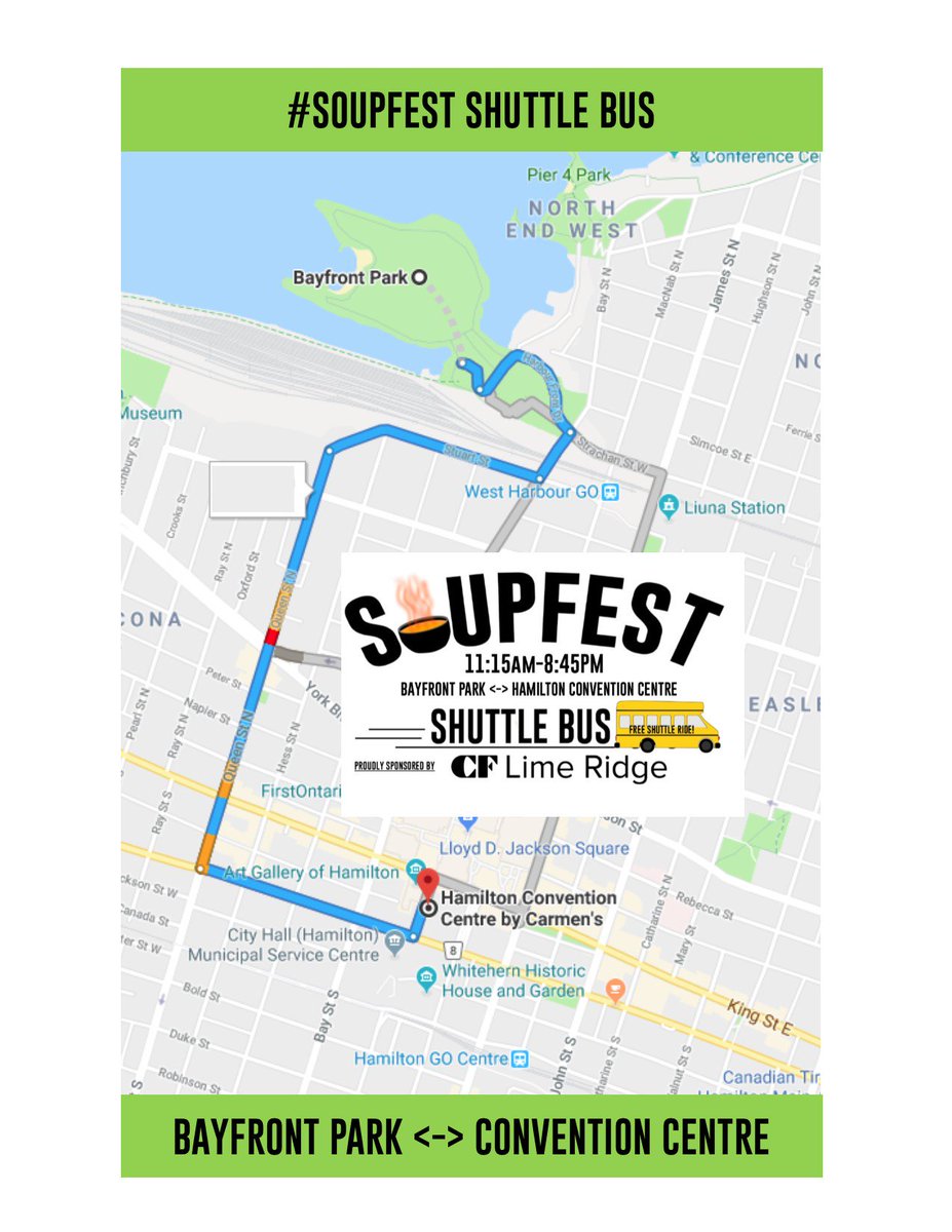 LivingRockHamON's tweet photo. 6 days until #Soupfest2019!  Luckily it will be warming up in time for our FUN-Raiser.  Tix are available at https://t.co/11v7qarSn2.

A free shuttle bus will run from Bayfront Park to the Convention Centre all day to get you there without the parking hassles.

#HamOnt #BurlON https://t.co/NKb2mMIC1D