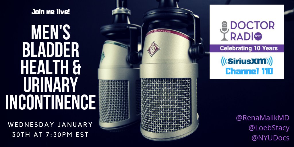 Tonight's the night! I'll be talking about men's #bladder health and urinary #incontinence with @LeobStacy and @NYUdocs on @siriusxm 110 #doctorradio #radioshow at 7:30 pm⌚EST 
@ummc @umwomensurgeons @ummedschool