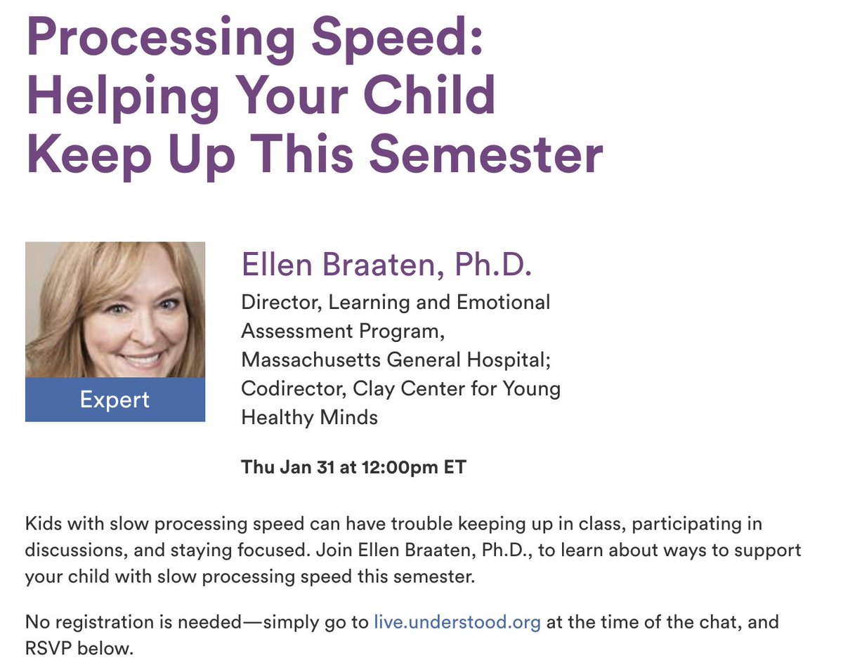 MGHClayCenter's tweet photo. Kids w #SlowProcessingSpeed can have trouble keeping up in class, joining in discussion & staying focused. Join our co-director @ellenbraaten in an @UnderstoodOrg #chat & learn about ways to support your child!
Tomorrow at 12pm ET - RSVP for a reminder! ~ https://t.co/Ycb1klBjnY https://t.co/9pa7sI7mbn