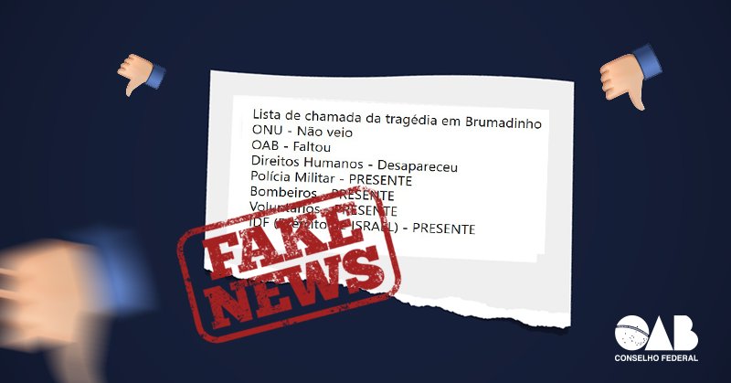 CFOAB's tweet photo. Isso é #FakeNews! 👎 OAB mantém representantes em #Brumadinho desde o dia do desastre ambiental. A Comissão de Direito Ambiental acompanha as ações e está atenta ao caso, atuando para responder às demandas da sociedade, prejudicada por mais um rompimento de barragem de rejeitos. https://t.co/m0GSQK4Lev