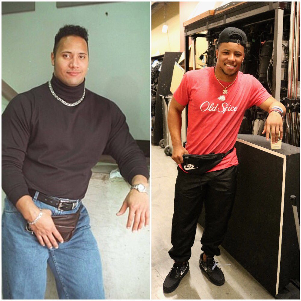 RichEisenShow's tweet image. #TheFannypack...Who wore it better? 
The Most Electrifying Man In #SportsEntertainment {&amp;amp; movies}, @therock 
OR 
Our Hour 2 guest, The Most Electrifying running back in #NewYork @saquon?!? 
Polls open now! 
@Giants @wwe @OldSpice @Nike #DwayneJohnson #SaquonBarkley