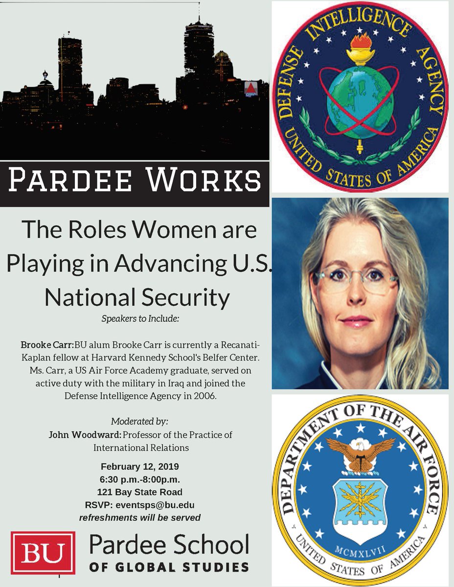 johndwoodward's tweet photo. Save the date-⁦-Feb 12, 6:30pm @BUPardeeSchool⁩ hosts a talk on Roles Women are Playing in Advancing Nat’l Security by Brooke Carr. A fellow ⁦@BelferCenter⁩, Ms Carr served w/ the military in Iraq &amp; joined  Defense Intelligence Agency in ‘06. RSVP: eventsps@bu.edu https://t.co/SBXJ57n6Kt