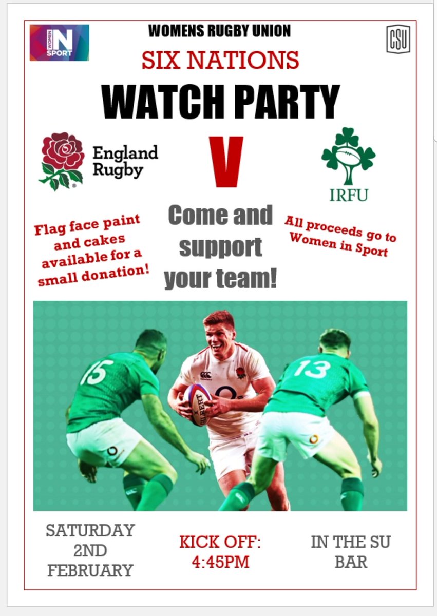Join us on Saturday 2nd Feb to watch England🌹 V Ireland🇮🇪 at 4:45pm in the SU bar to help raise money for Women In Sport! 🏃‍♀️

We'll be there with cakes and face paint so pop along to show support for your team! 🍰

#sixnations2019
#womeninsport #womensrugbyunion #MyChesterStory