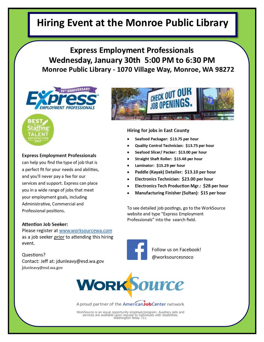 Meet the Hiring Manager at Express Professionals and discover a variety of career options this afternoon at the Monroe Library. Come by from 5:00 PM to 6:30 PM!