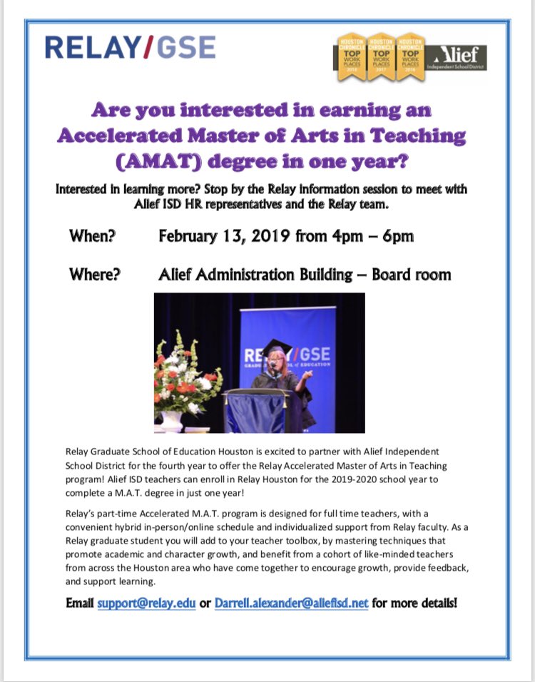 AliefISDHR's tweet photo. Are you a current Alief teacher interested in earning a Master of Arts in Teaching degree in ONE year? @AliefISD and @RelayGSE are partnering together to provide this opportunity for teachers. Come to our informational meeting on 2/13 to learn more. https://t.co/pzKSwtO0QH