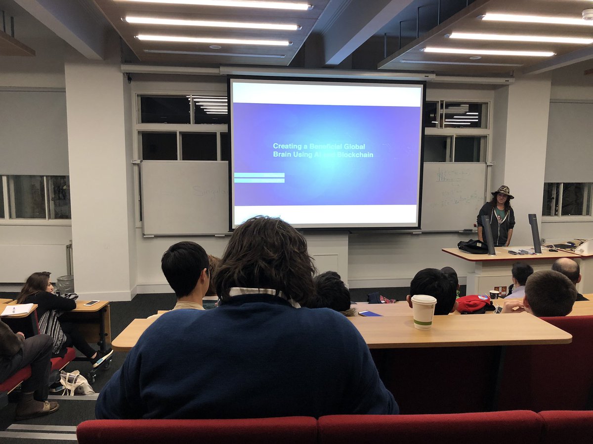 SingularityNET's tweet photo. Our Meetup event at the University of Cambridge just started! Dr. Ben Goertzel will be presenting on how we are creating a beneficial global brain using AI and Blockchain. #SNETCambridge https://t.co/LlennPW70f