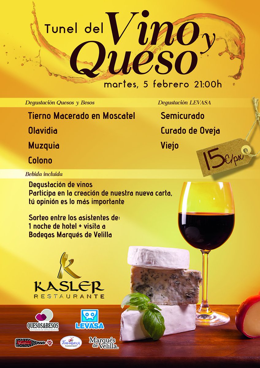 ¡¡Comenzamos con la agenda #MáskCatasKasler!!
📆📆Martes 5. 21.00 h. en #kasler: Túnel del Vino y el Queso.🍷🍷🧀🧀¡Ayúdanos con nuestra nueva carta!
Y además... 🎁SORTEO noche de hotel + visita a Bodegas <a href="/Marques_Velilla/">Marqués de Velilla</a> . 🔝🔝
💶15 € persona
🏃‍♂️Haz ya tu reserva.
📞953 255 393