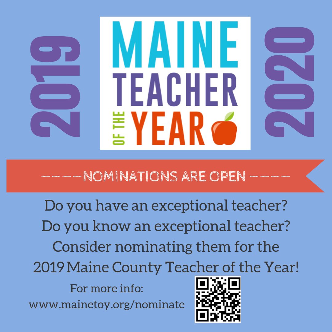 #YorkCounty who will be your 2019 Teacher of the Year?
2014 <a href="/Edukateme/">Kate Smith</a> 
2015 Nick Wilson
2016 <a href="/MrsStarkeyME/">Pamela Starkey</a> 
2017 <a href="/Jen_England_/">Jen England</a> 
2018 Kristin Klin
<a href="/YCCCMaine/">York County CC</a> <a href="/YorkCountyCoast/">York County Coast Star</a> <a href="/TheYorkWeekly/">The York Weekly</a> <a href="/prattandwhitney/">Pratt & Whitney</a> <a href="/husseyseating/">Hussey Seating</a> <a href="/unetweets/">University of New England</a> <a href="/JournalTribune/">Journal Tribune</a>
