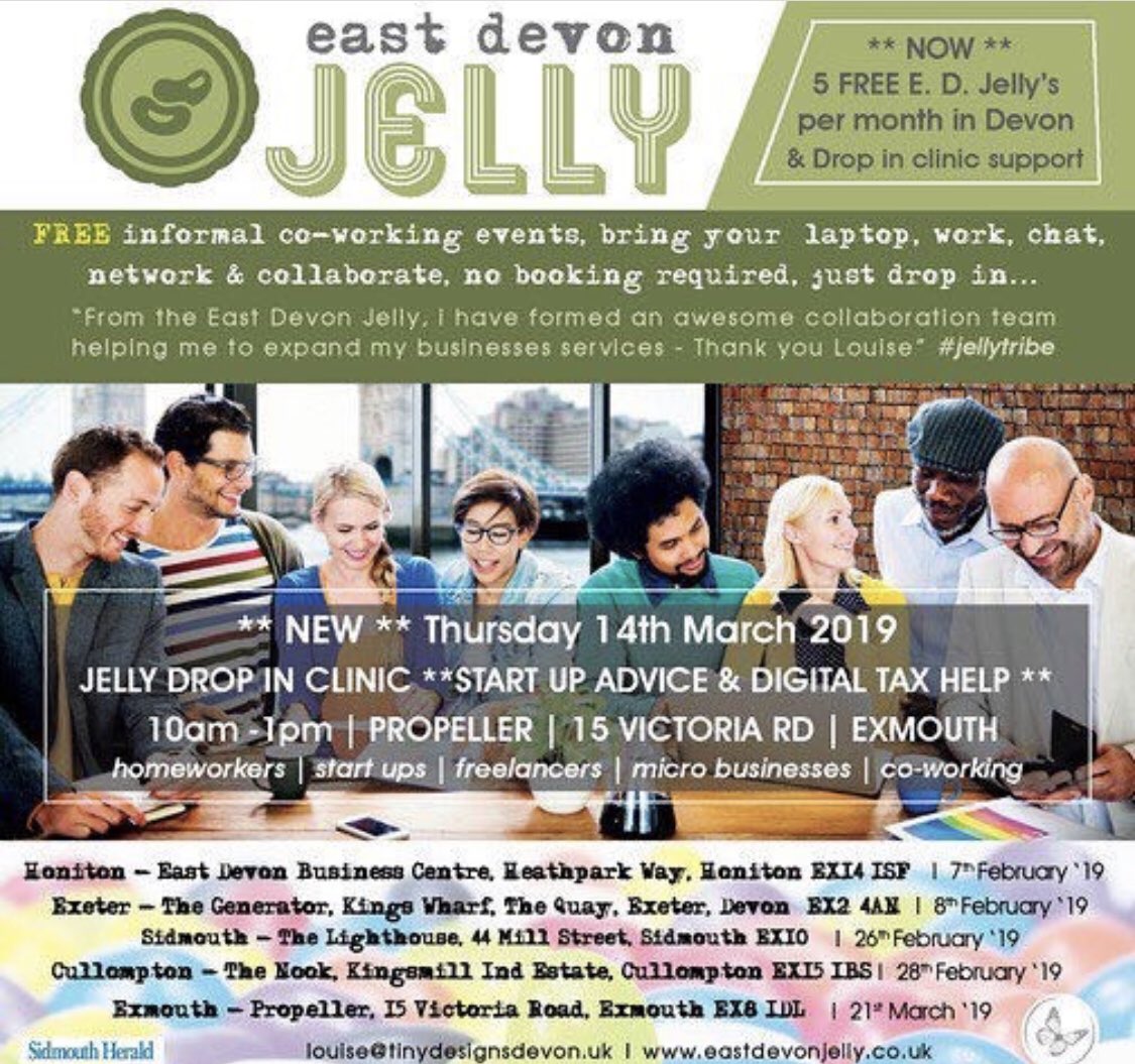 tinydesignsuk's tweet photo. The first E.D. Jelly drop in clinic | 14th March | 10am-1pm | @propellerexmouth | pop in for business advice | digital tax | all things accountancy | #startup #prestartup #newbranding #businesssupport #businessclinic #digitaltaxhelp #coworking #microbusinesses #jellytribe https://t.co/FFwVamsI7Z