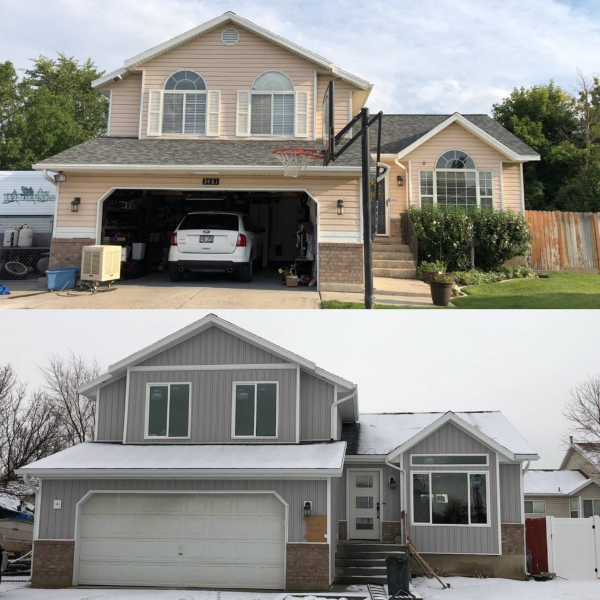 Lastime_SLC's tweet photo. A little #BeforeAndAfter of a #HomeRemodel. That's #Mastic board and batten vinyl with new gutters, fascia, and soffit. https://t.co/dtVh8iigfG