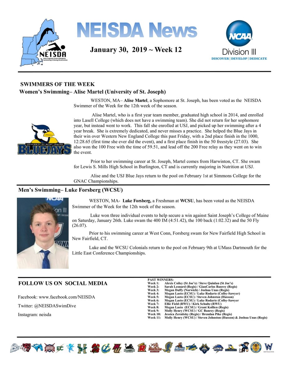 NEISDASwimDive's tweet photo. Congratulations to this week's Athletes of the Week

Female Swimmer: Alise Martel (USJ)
Male Swimmers: Luke Forsberg (WCSU) https://t.co/WMxubqlacA