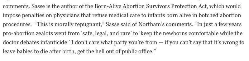 .<a href="/BenSasse/">Ben Sasse</a> on Gov Northam's comments: "I don’t care what party you’re from - if you can’t say that it’s wrong to leave babies to die after birth, get the hell out of public office." nationalreview.com/corner/virgini…