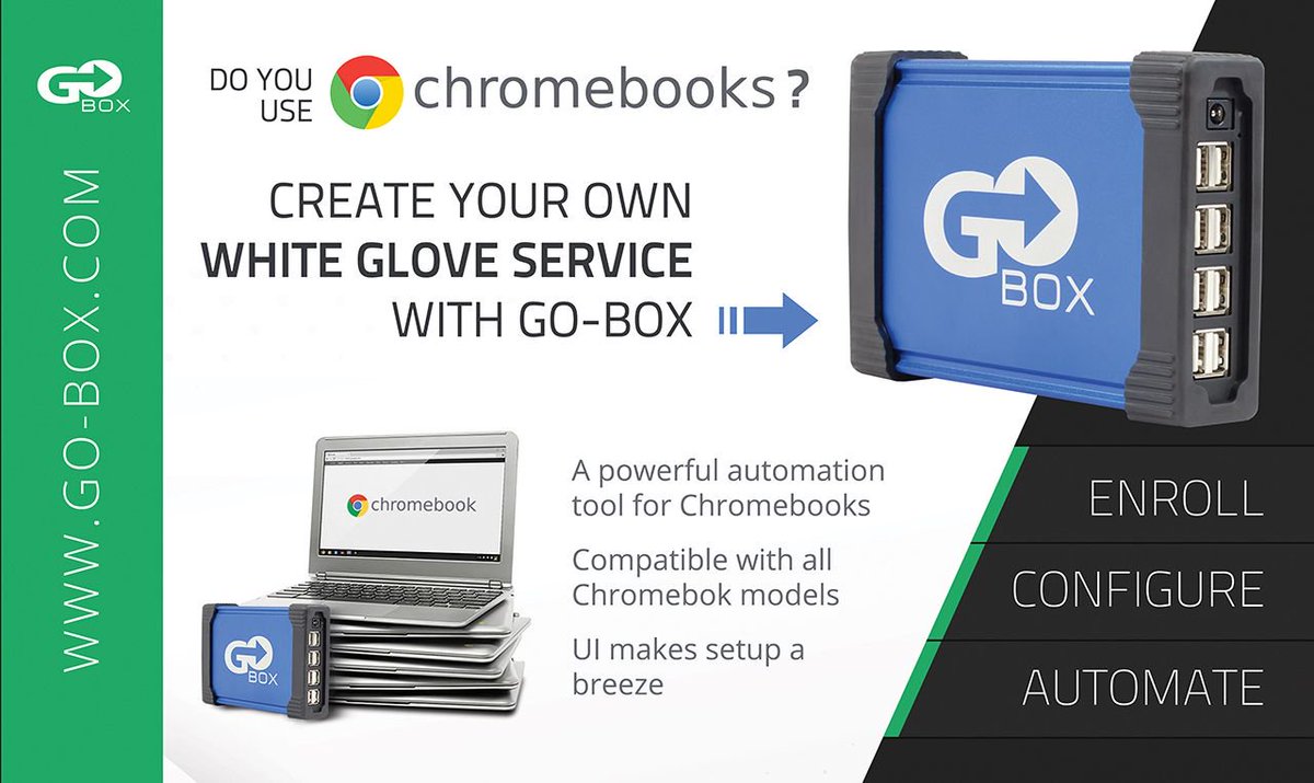 GoBoxChrome's tweet image. If you&apos;re working with lots of #Chromebooks, get #GoBoxChrome to perform your own white glove service and save a ton of money and time! Stop by #FETC booth 931 with our partner @howardcomputer or visit go-box.com

#fetc19 #edtech #gafeadmin #cetl #k12