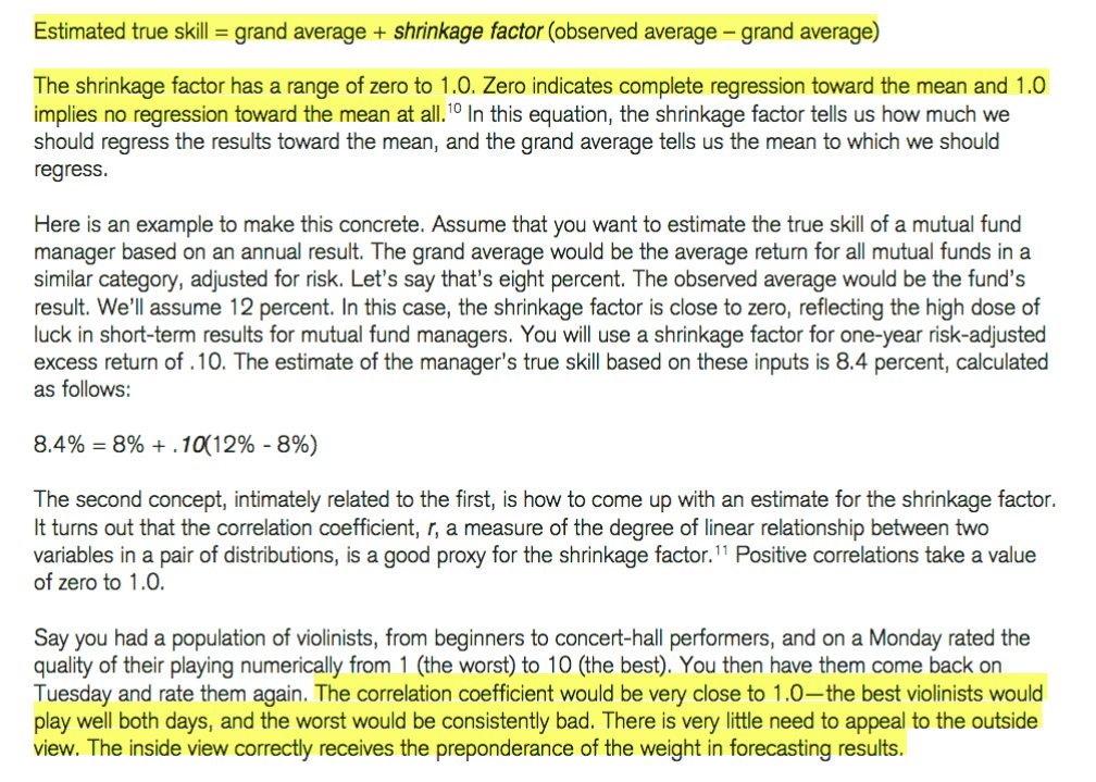 12/ For some more concrete ways to predict the future, look at shrinkage factors in relation to base rates. Only skill-based = shrinkage of 1Only luck-based = shrinkage of 0Then you can weight the probabilities.