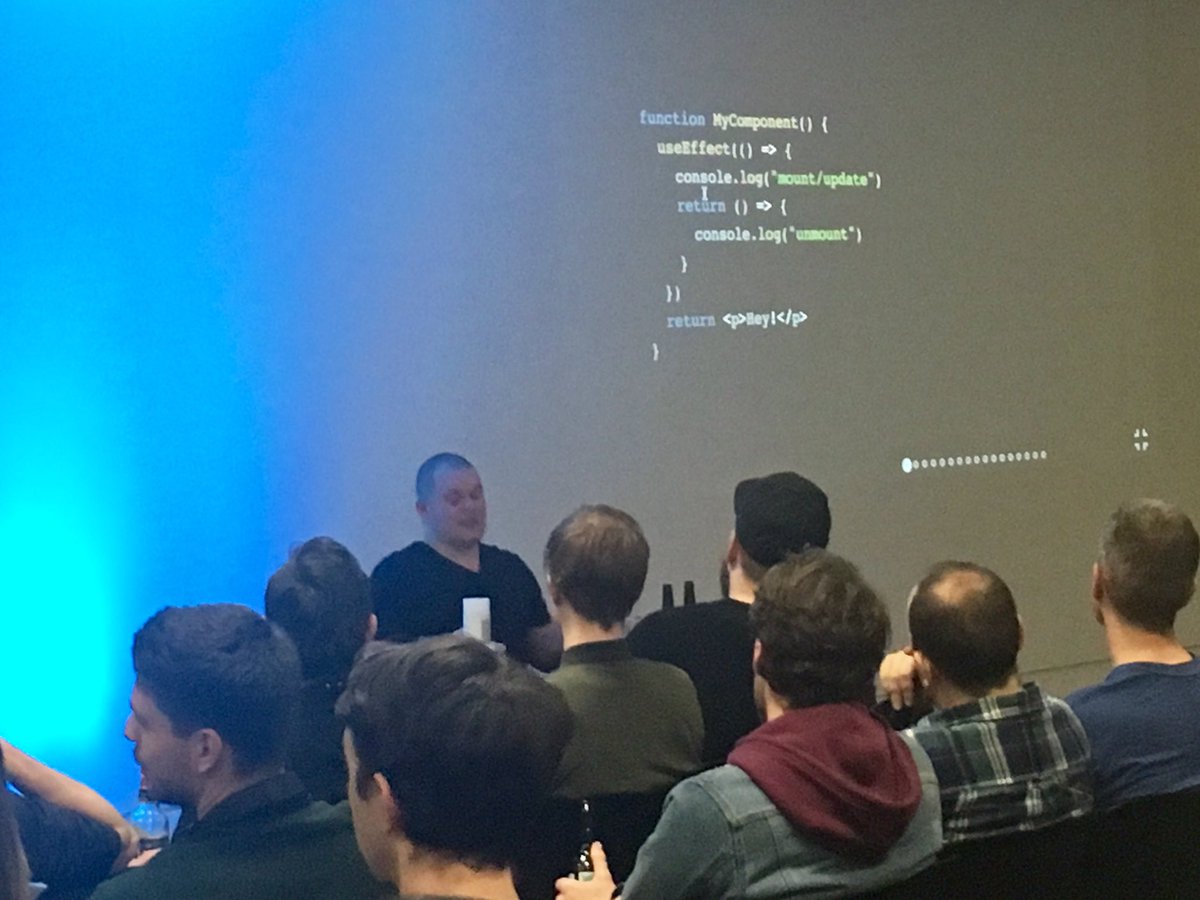 MeganKSlater's tweet image. That bass can only mean that #React hypeman @ken_wheeler is at @skillsmatter for #JavaScriptMatters (please ignore my camera skills that makes it look like he’s speaking via a dream sequence)
