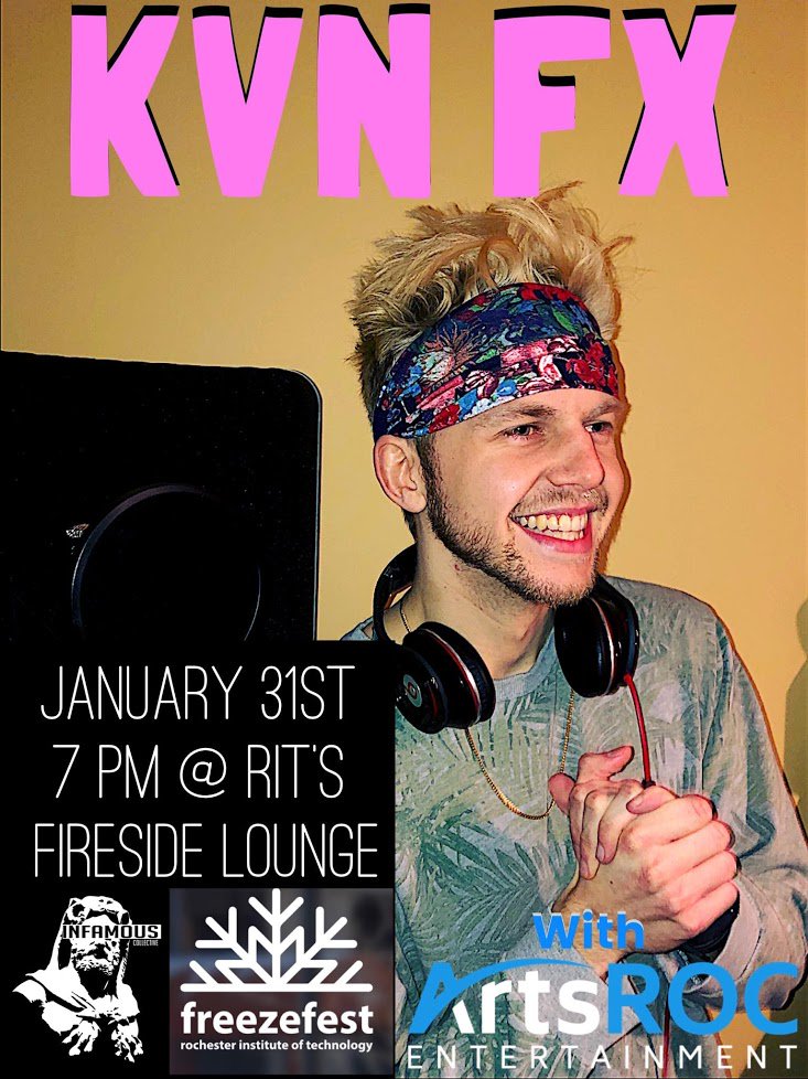 InfCollective's tweet photo. DONT MISS THE SECOND CONCERT BY @THEREALKVNFX.

Jan 31st, 7pm at RIT's Fireside Lounge. Come watch the spectacular performances by artists from ARTS ROC for #FreezeFest

#kvnfx #kvn #fx #RIT #firesidelounge #infamouscollective #infamous #collective #rochester #rochesterny #roc https://t.co/Y0d8othmmt