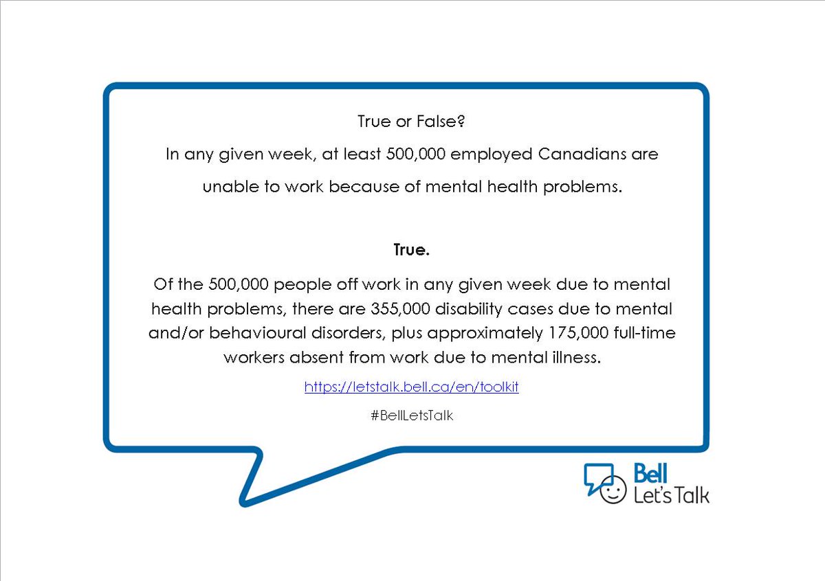 True or False?
In any given week, at least 500,000 employed Canadians are unable to work because of mental health problems?  #BellLetsTalk