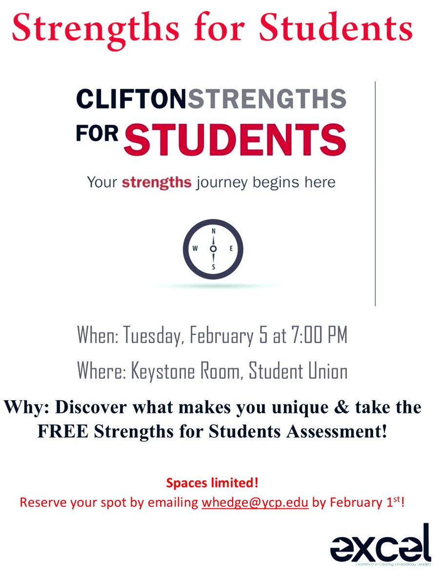 ExCEL Series kicks off next week with Stengths for Students 🎯 spaces are limited so reserve your spot today! #ycp <a href="/YCPSenate/">YCP Student Senate</a> <a href="/yorkcollegepa/">York College of Pennsylvania</a>