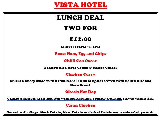 VISTALHOTEL2015's tweet photo. Every Day (Apart from Sunday) at the VISTA is Lunch time!!
12-2pm
Two for £12
Plus the Regular Menu https://t.co/14pEmCKEjI