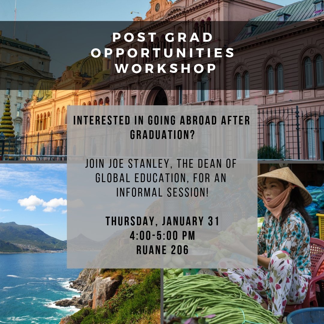 Interested in going abroad after graduation? Tomorrow, join Joe Stanley, the Dean of Global Education, for an informal information session on post-PC opportunities abroad!