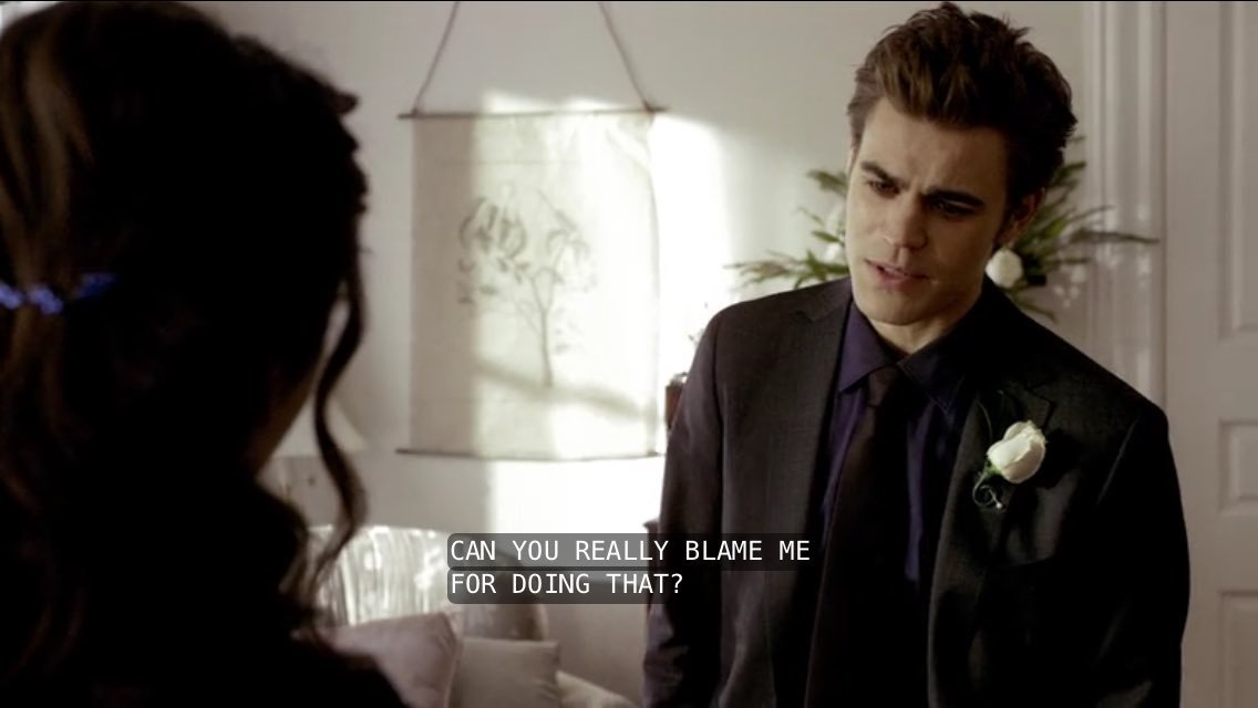 stefan even went as far as to blame elena for why he was lying to her like wtf